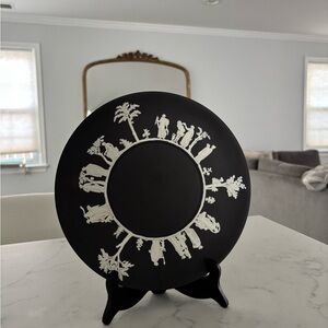 Black wedgewood jasperware plate with wood stand